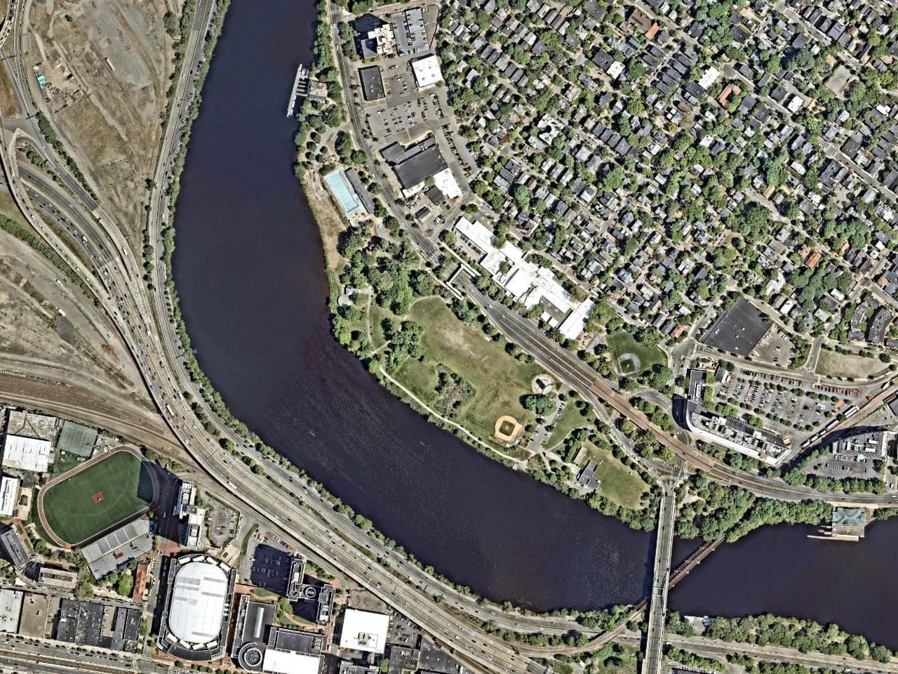 Aerial view of the fields at Magazine Beach Fields
