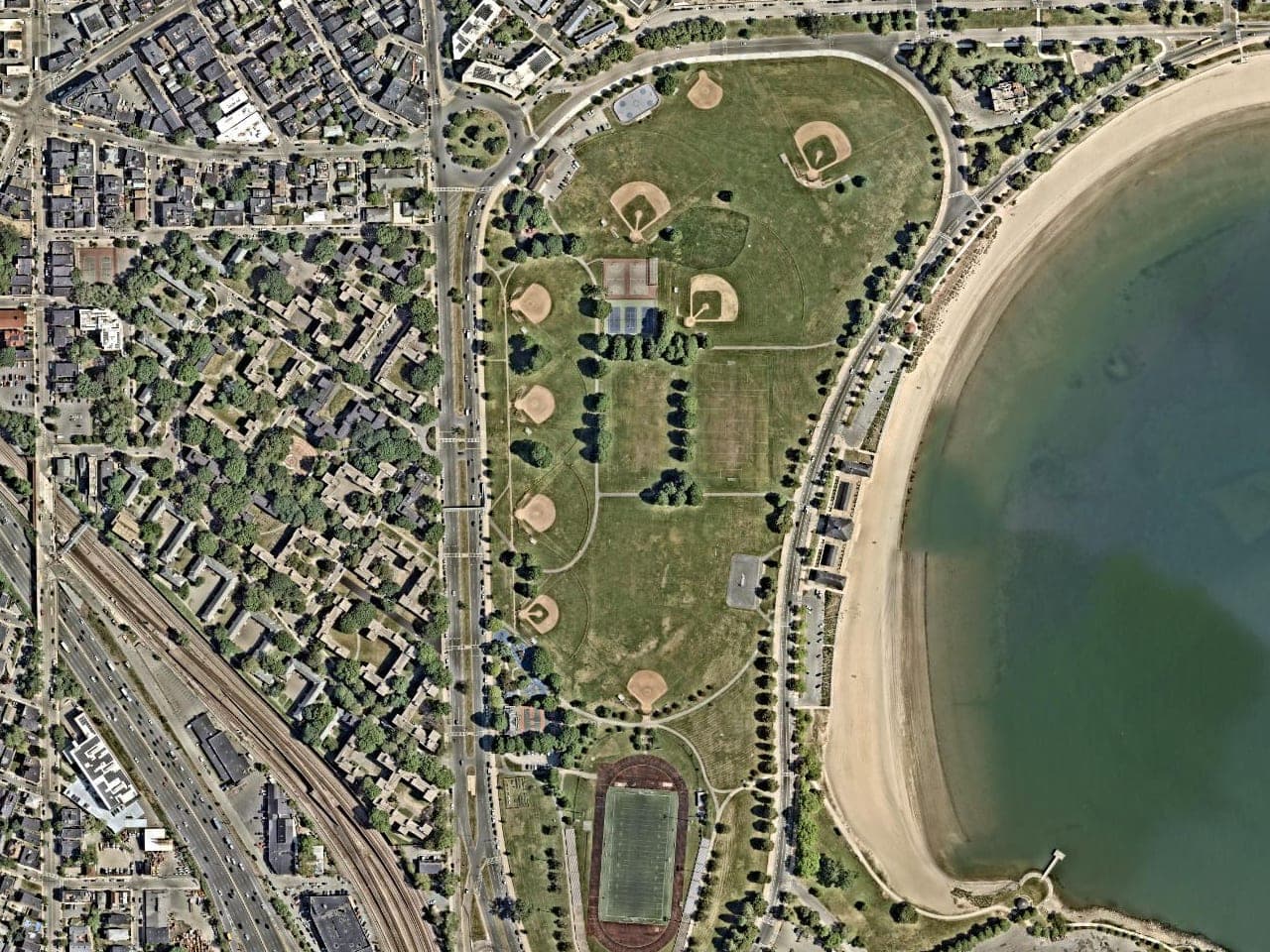 Aerial view of the fields at Moakley Park