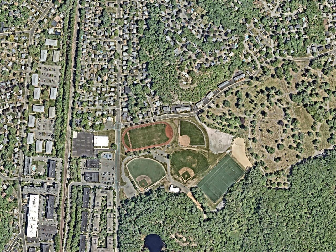 Aerial view of the fields at Pine Banks Park